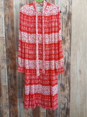 Roma ITALY Vintage Red and White Floral Tie-Neck Dress Lined 12
